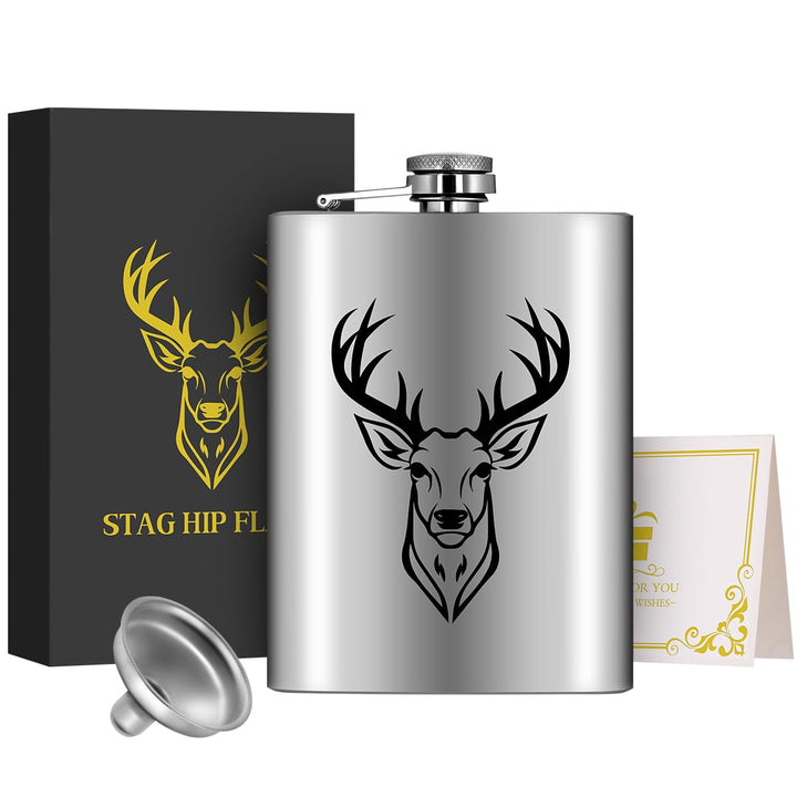 8oz/237ml Edelstahl Flachmann, Taschenflasche, mit Trichter und Grusskarte, Geschenkbox, Schwarz Hir