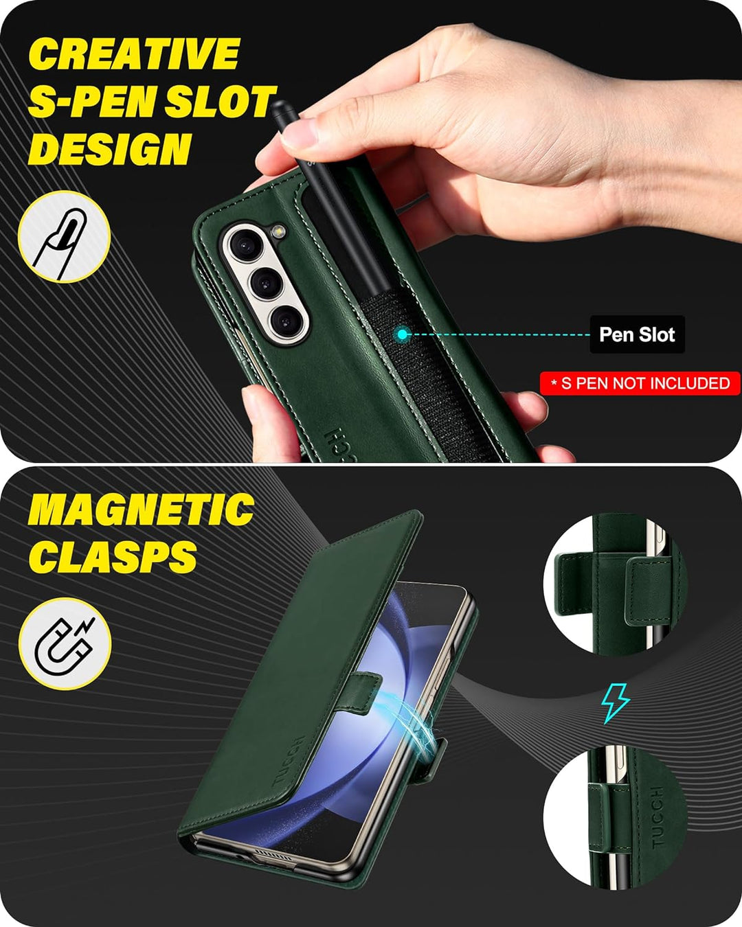 TUCCH Hülle für Galaxy Z Fold 5 Handyhülle 2023 RFID Blocker Stossfeste Tasche S Pen Halter Standfun