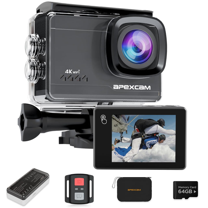 Apexcam M90 mit 64G Karte Action Cam 4K60FPS 64MP WLAN EIS Bildstabilisierung Sportkamera mit Touchs