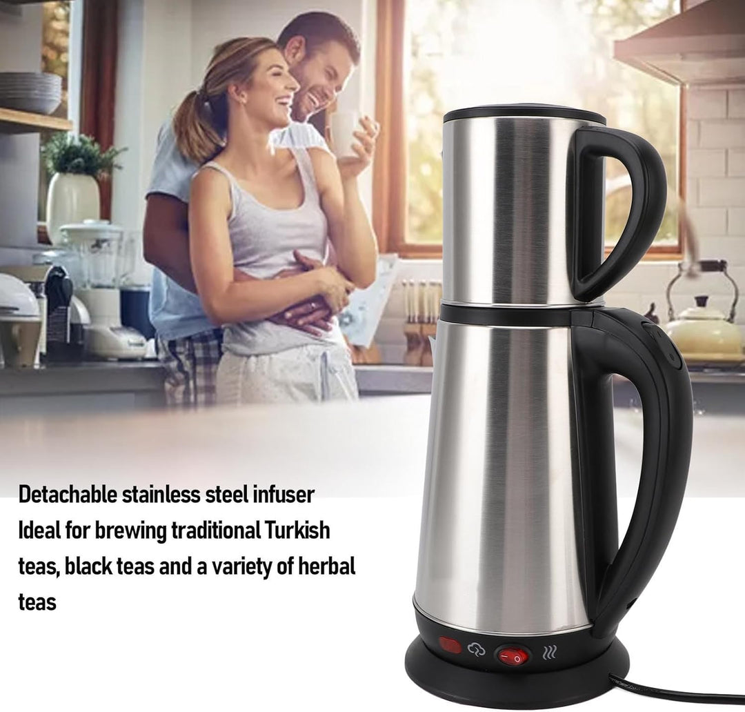 Elektrischer Türkischer Wasserkocher Set, 1L und 2L Edelstahl Samovar Turkish Tea Maker Set, Elektro
