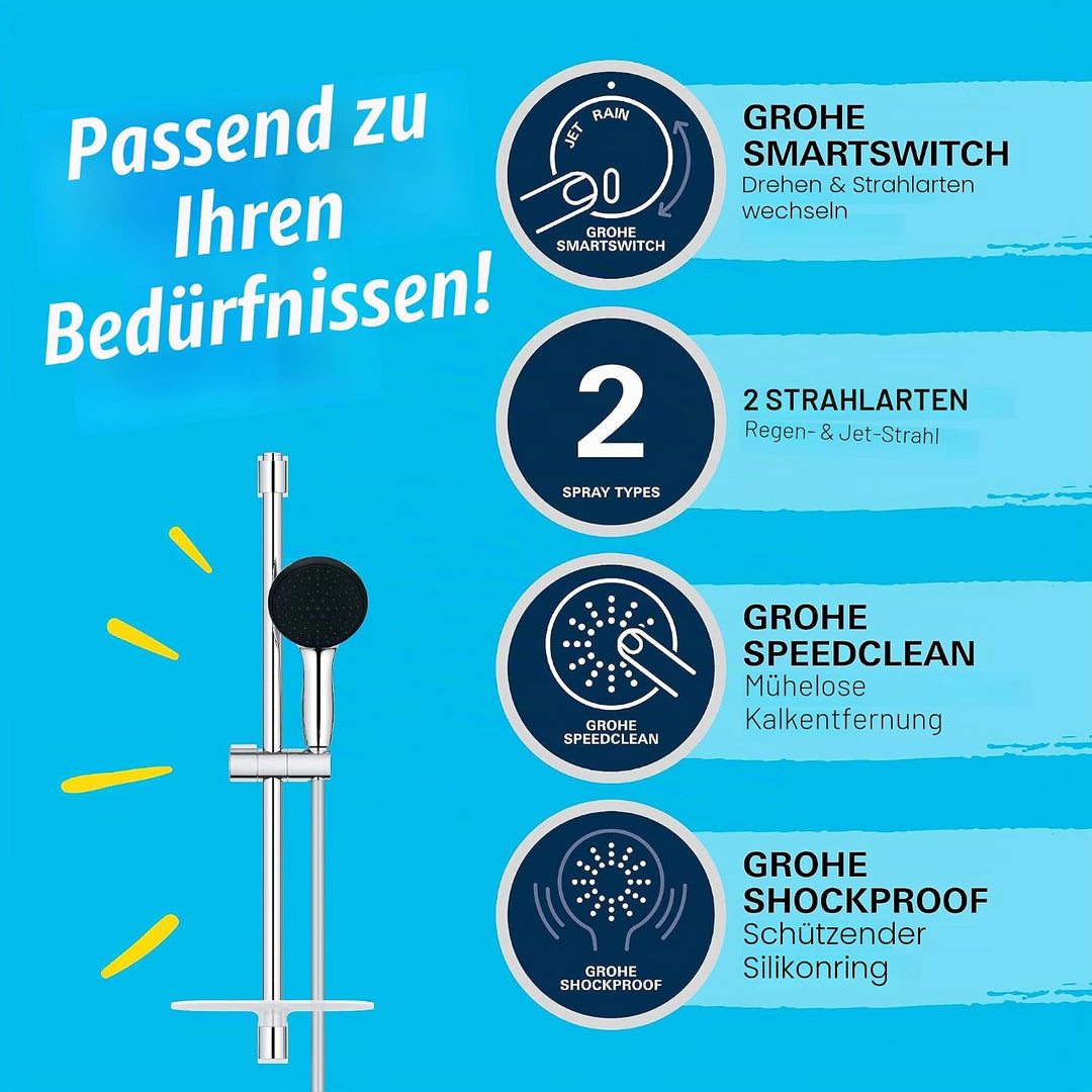 GROHE Vitalio 110, Duschset mit Ablage, 14l pro Min (Duschstangenset mit: Duschkopf 2 Strahlarten, 1