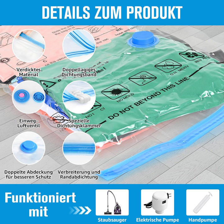 25 Stück Vakuumbeutel für Kleidung & Bettdecken, Vakuumierbeutel 2 Jumbo + 3 Extra Gross + 7 Gross +