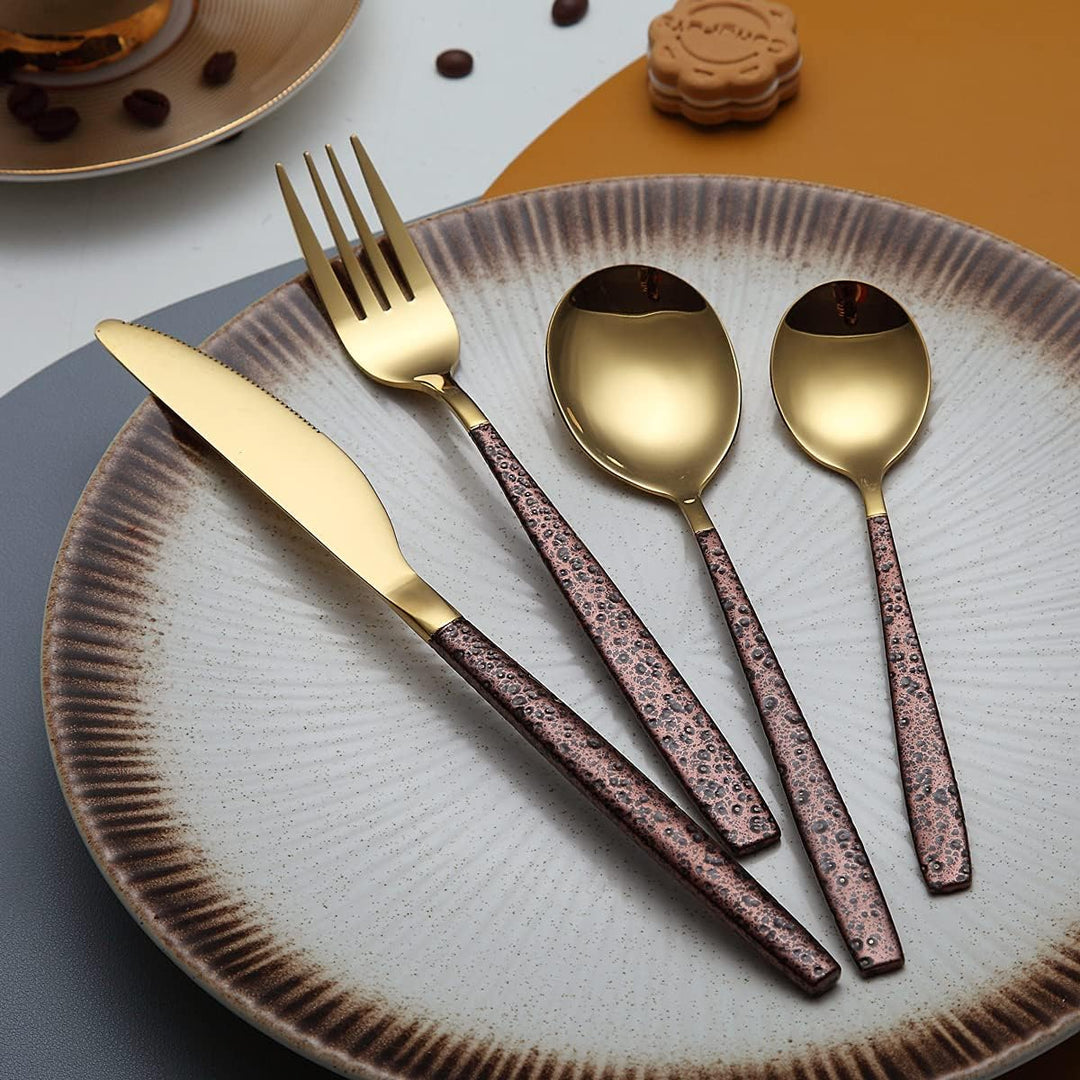 Berglander Besteck Set 24 Stück mit Mondoberfläche Griff und glänzendem Goldmund Titanbeschichtung,