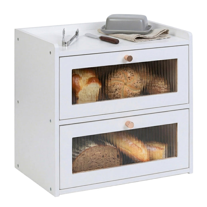 Relaxdays Brotkasten Bambus, 2 Etagen, Brotlade mit Sichtfenstern, Klapptüren, HBT: 34 x 36,5 x 24 c