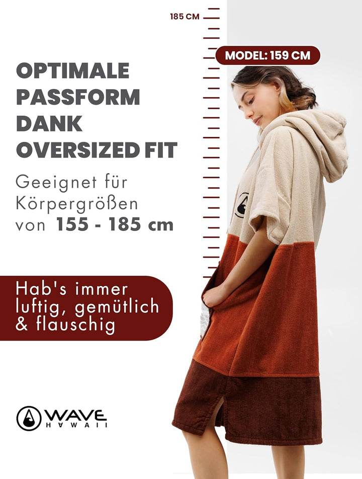 WAVE HAWAII Campeche Surfponcho für Körpergrössen von 155-185cm Poncho 100% ÖKO Baumwolle Umkleidehi