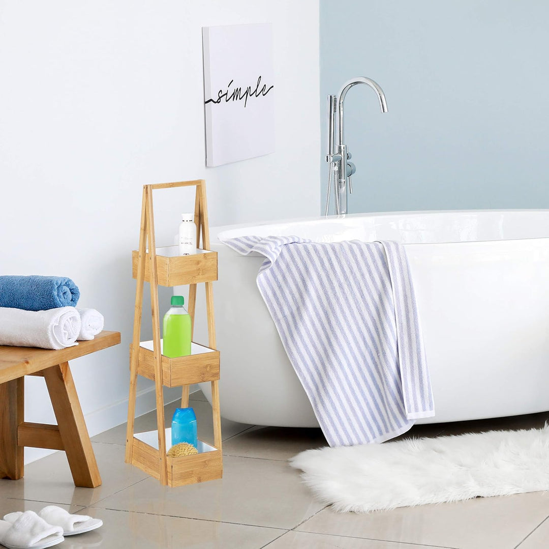 Relaxdays Bambus Badregal mit 3 Ebenen, Standregal f. Bad, Küche uvm., 3 Körbe Holzregal HxBxT 82 x