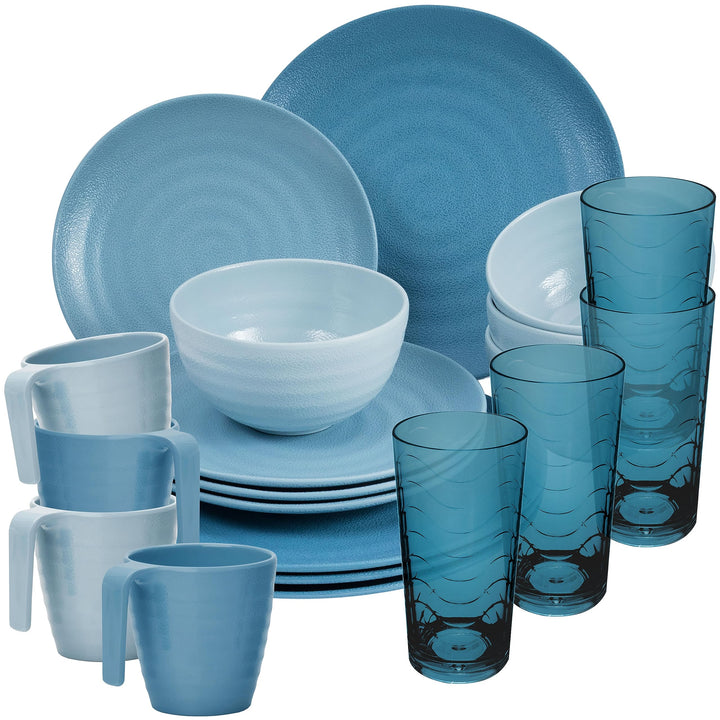 Melamin Geschirr Set 20 Teile elegante Steingut Optik in blau mit Wasserglas 260ml blau - für 4 Pers