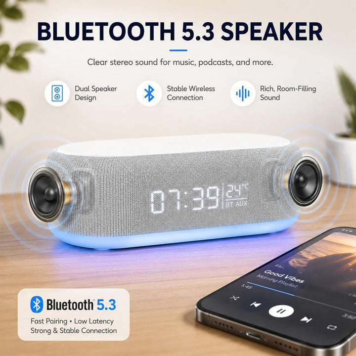 BYZESTY Radiowecker mit kabellosem Laden 15 W, Digitaler Radiowecker, Bluetooth, 6 in 1, mit Nachtli
