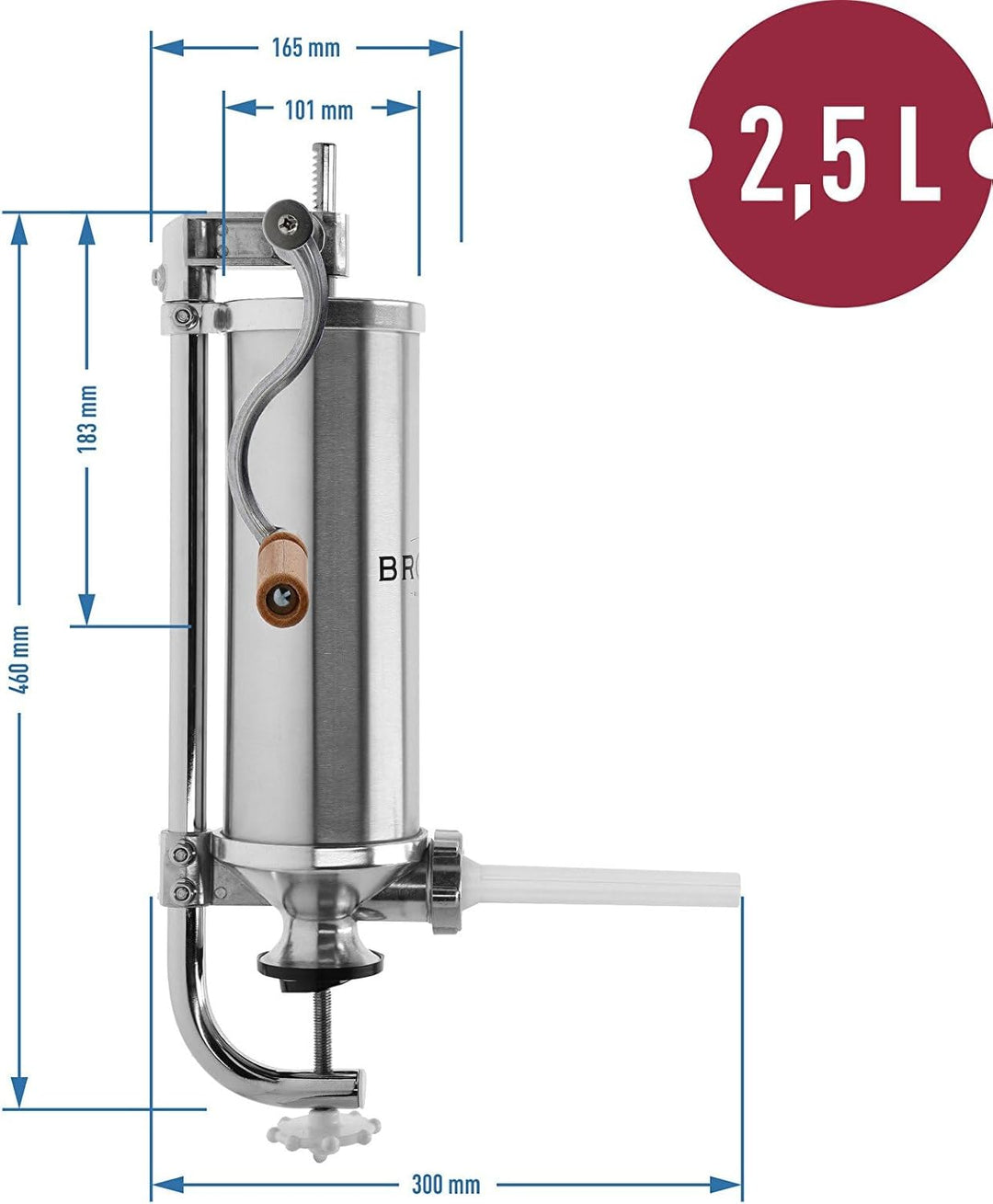 BROWIN® Manuell Wurstfüller aus Edelstahl 311007 | 2,5 kg vertikale Wurstmaschine | Wurstfüllmaschin