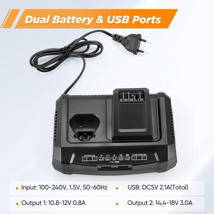 Dual-Port Ladegerät für Bosch 18V & 12V Akkus mit dualen USB-Anschlüssen, wandmontierbar, All-in-One