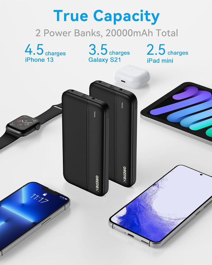GREPRO Power Bank 10000mAh 2 Stück, 2×USB‑A‑ und USB‑C‑Ausgangsanschlüssen Schwarz-Schwarz, Schwarz-
