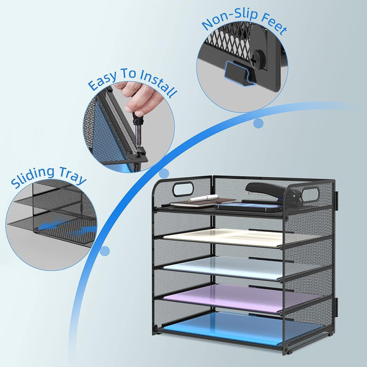 5 Ebenen Papier Organizer Briefablage Organizer, Mesh Metall Schreibtisch Akten Organizer mit Griff,