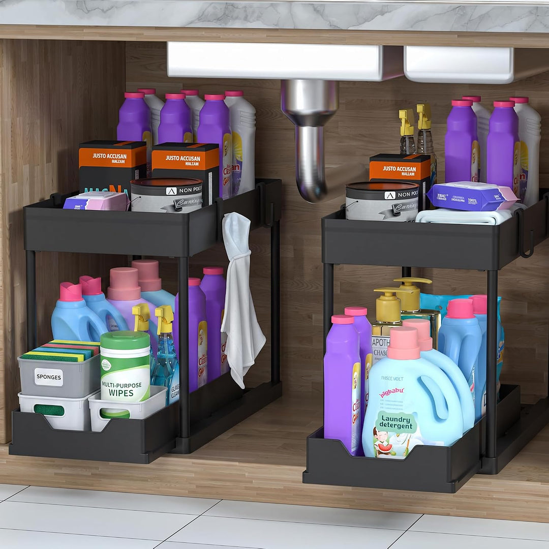 DEKAVA Küchen Organizer, 2 Unter Waschbecken Regal, Schrank Küchenorganizer mit 4 Haken, Schrankkorb