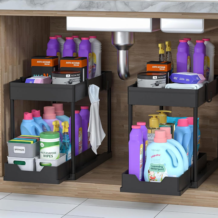DEKAVA Küchen Organizer, 2 Unter Waschbecken Regal, Schrank Küchenorganizer mit 4 Haken, Schrankkorb