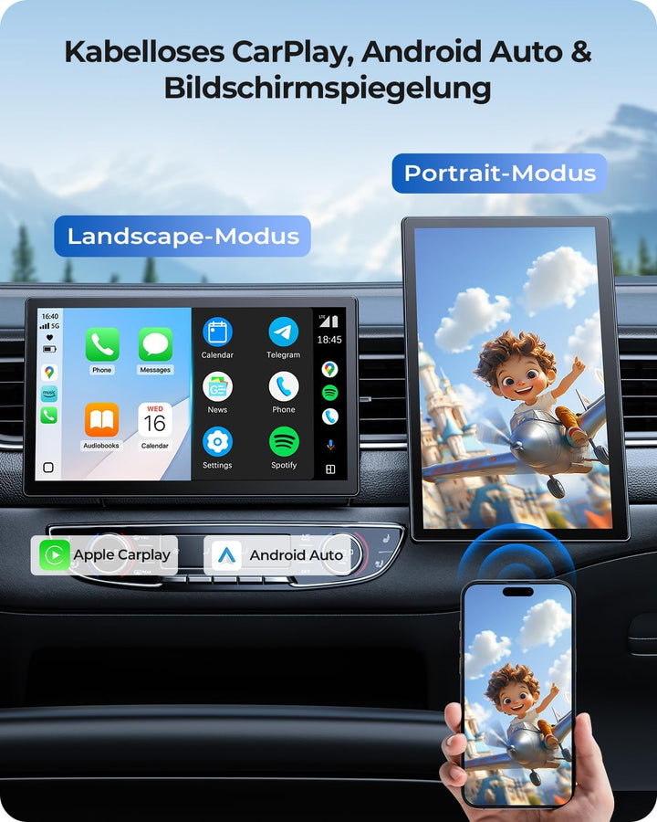 9" Drahtloses Tragbares 60FPS Car Play Display für Apple CarPlay & Android Auto, Magnetische Halteru