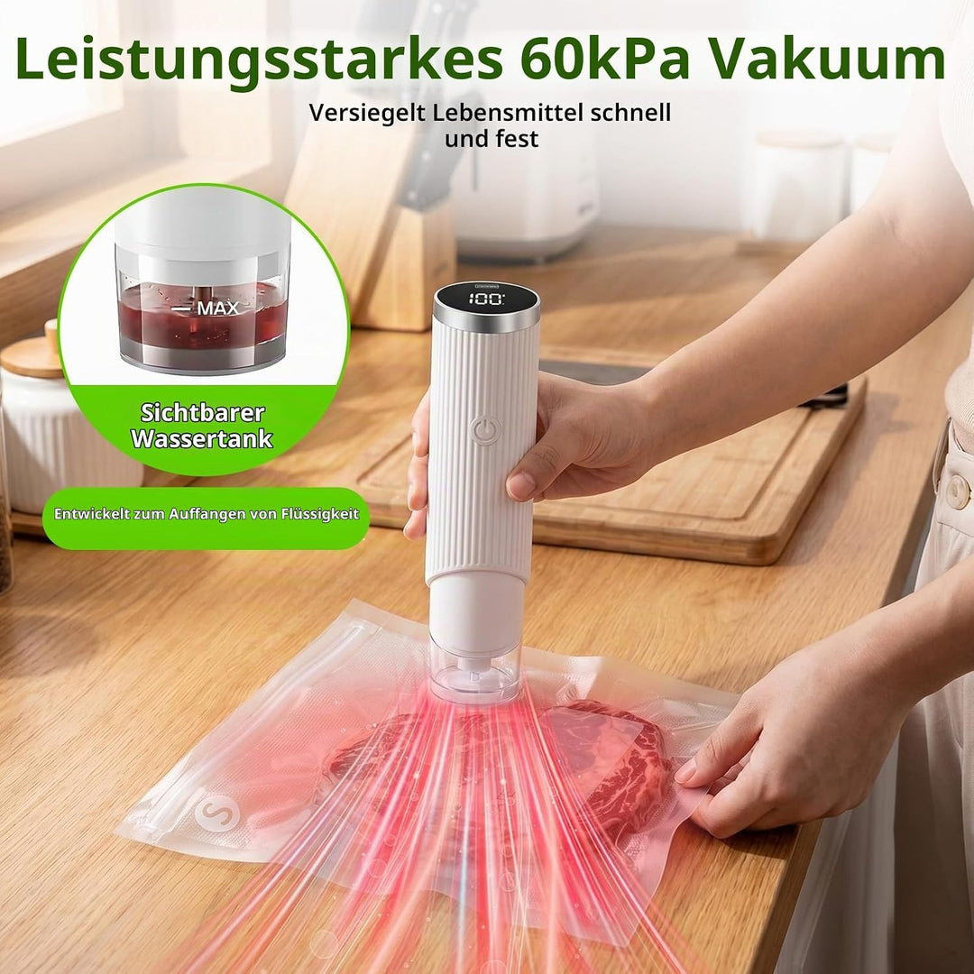 Tragbarer Handvakuumierer – 60 kPa starke Saugkraft, Usb-Aufladung Vakuumiergerät mit Wassertank für