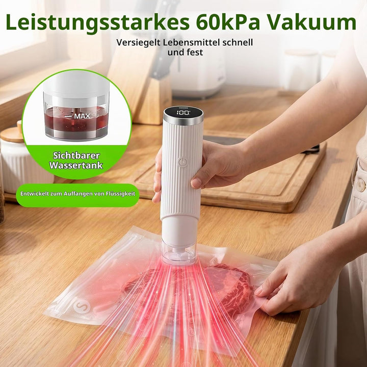Tragbarer Handvakuumierer – 60 kPa starke Saugkraft, Usb-Aufladung Vakuumiergerät mit Wassertank für