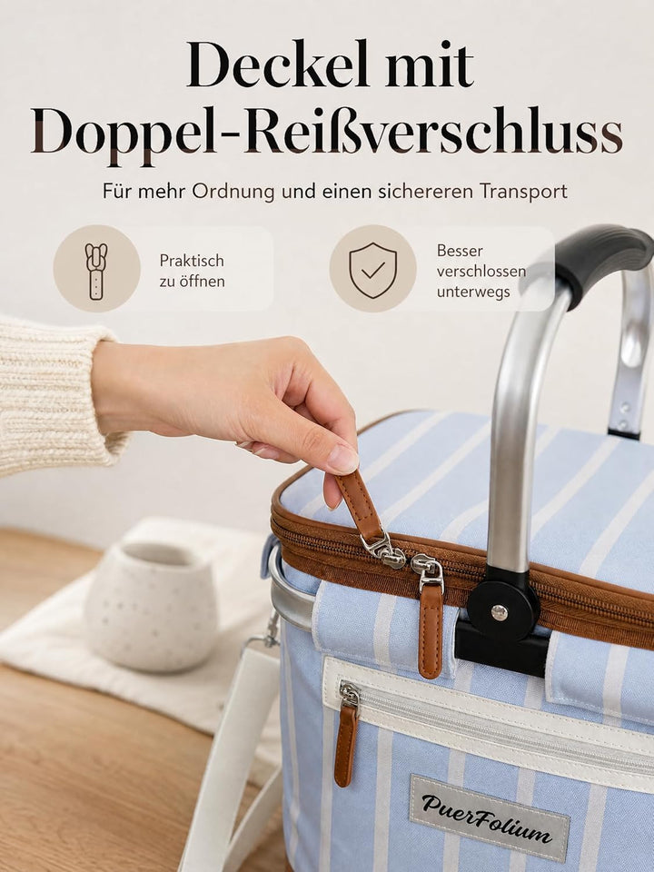 Kühltasche Einkaufskorb 20L Faltbar Isoliert Thermo mit Deckel Reissverschluss Abnehmbarer Picknickk