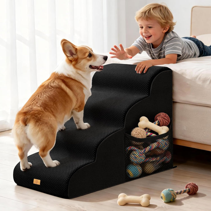 Hundetreppe für Kleine Hunde, 4 Stufen Haustiertreppe mit Abnehmbarem, Hochdichtem Schwamm Hunderamp
