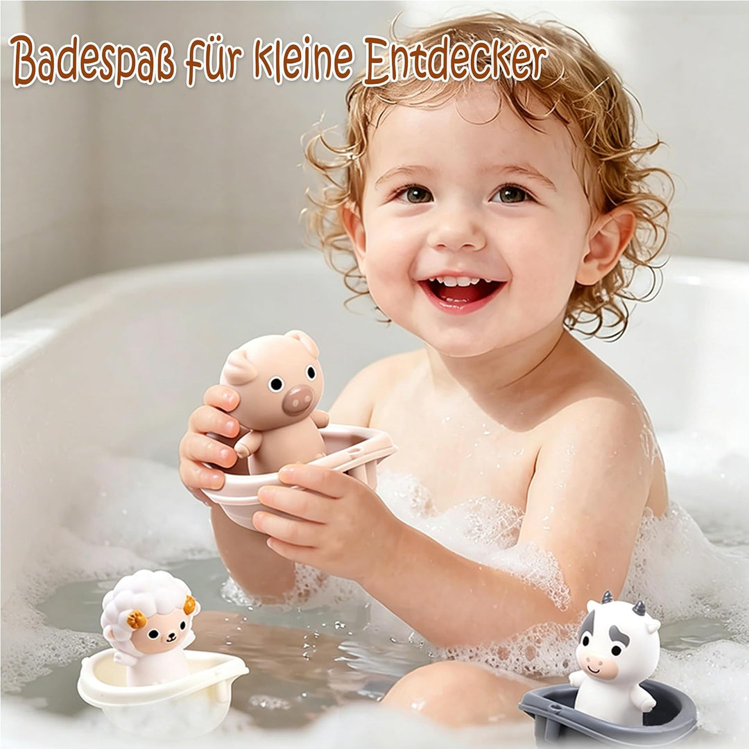 12 Stück Badewannenspielzeug: Baby Badespielzeug mit Tierfiguren, Bauernhof-Fingerpuppen &amp; stapelbar