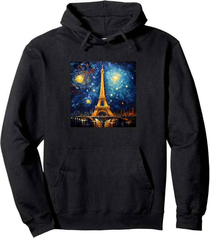 Lustiger Eiffelturm im Sternennacht-Stil von Vincent Van Gogh Pullover Hoodie