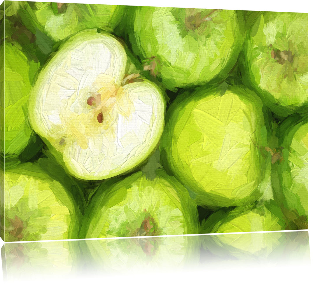 Grüne Äpfel Pinsel Effekt, Format: 100x70 auf Leinwand, XXL riesige Bilder fertig gerahmt mit Keilra