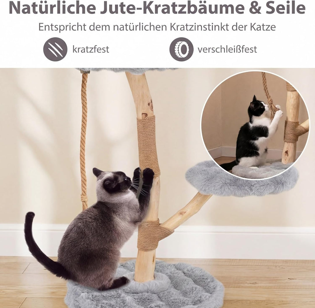 COSTWAY 90 cm Kratzbaum Holz, Katzenbaum mit 3 Plüschsitzflächen, Seil & Kratzpfosten aus Jute, Katz