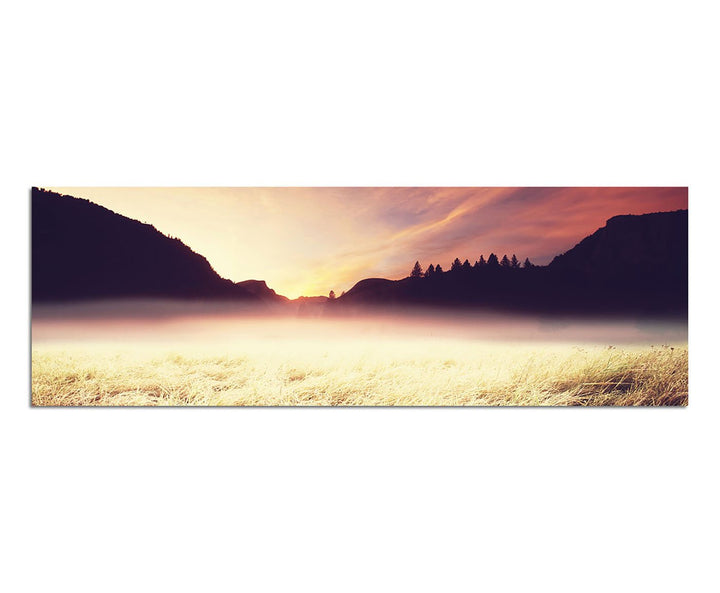 Paul Sinus Art Panoramabild auf Leinwand und Keilrahmen 150x50cm Feld Wiese Berge Wald Herbst Dämmer