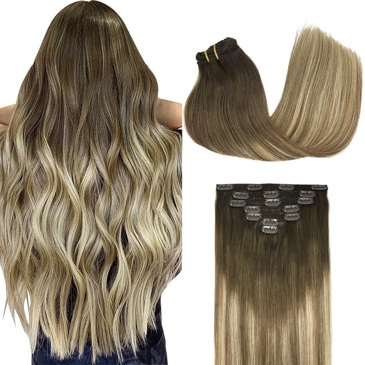 GOO GOO Clip in Extensions Echthaar, 120g 7 Stück 35cm 14 Zoll Walnussbraun bis Aschbraun und Bleich