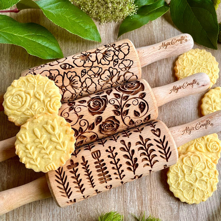 GARTENBLUMEN 3-er SET Kinder Nudelhölzer für hausgemachtes Gebäck. Teigrolle mit Blumen- Rosen, Saku