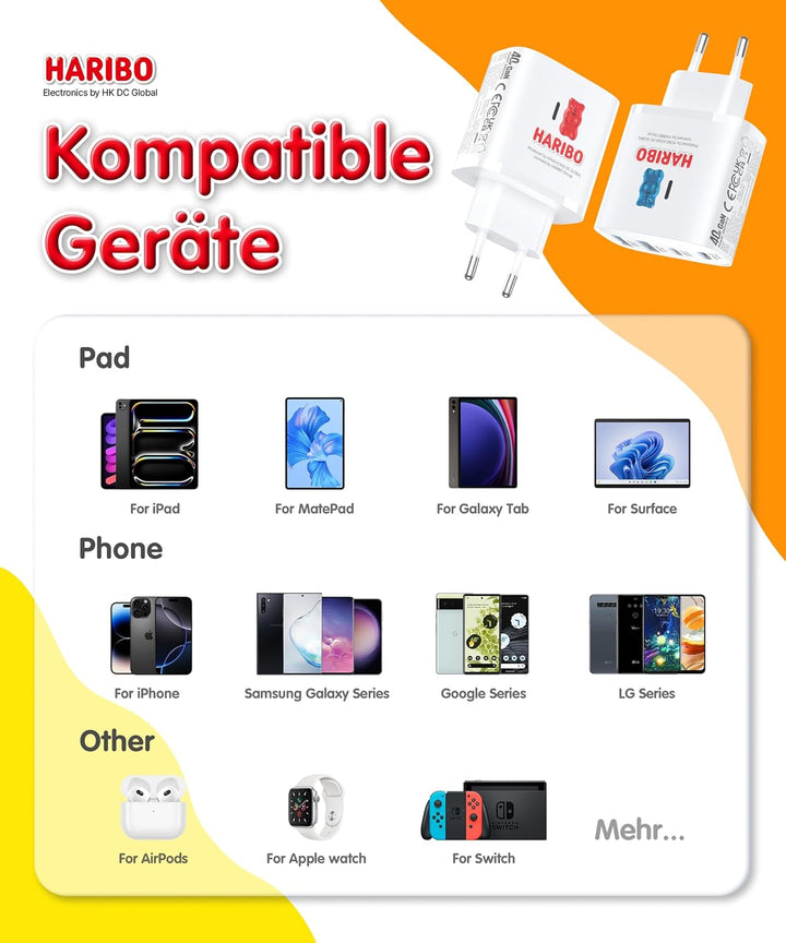 HARIBO 2er USB C Ladegerät 4-Port 40W Schnellladegerät,PD 3.0 Mehrfach Netzteil für iPhone 16/15/14