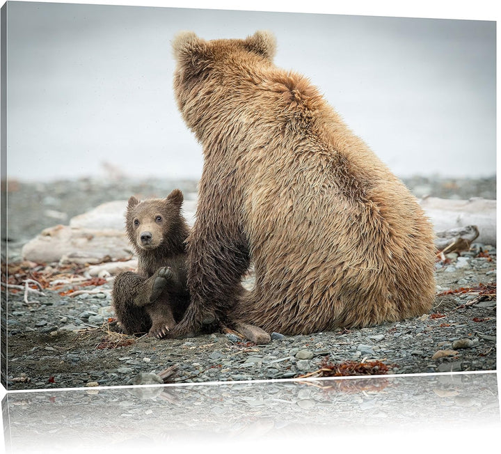 Pixxprint Bär mit Baby nach dem Baden, Format: 100x70 auf Leinwand, 100x70