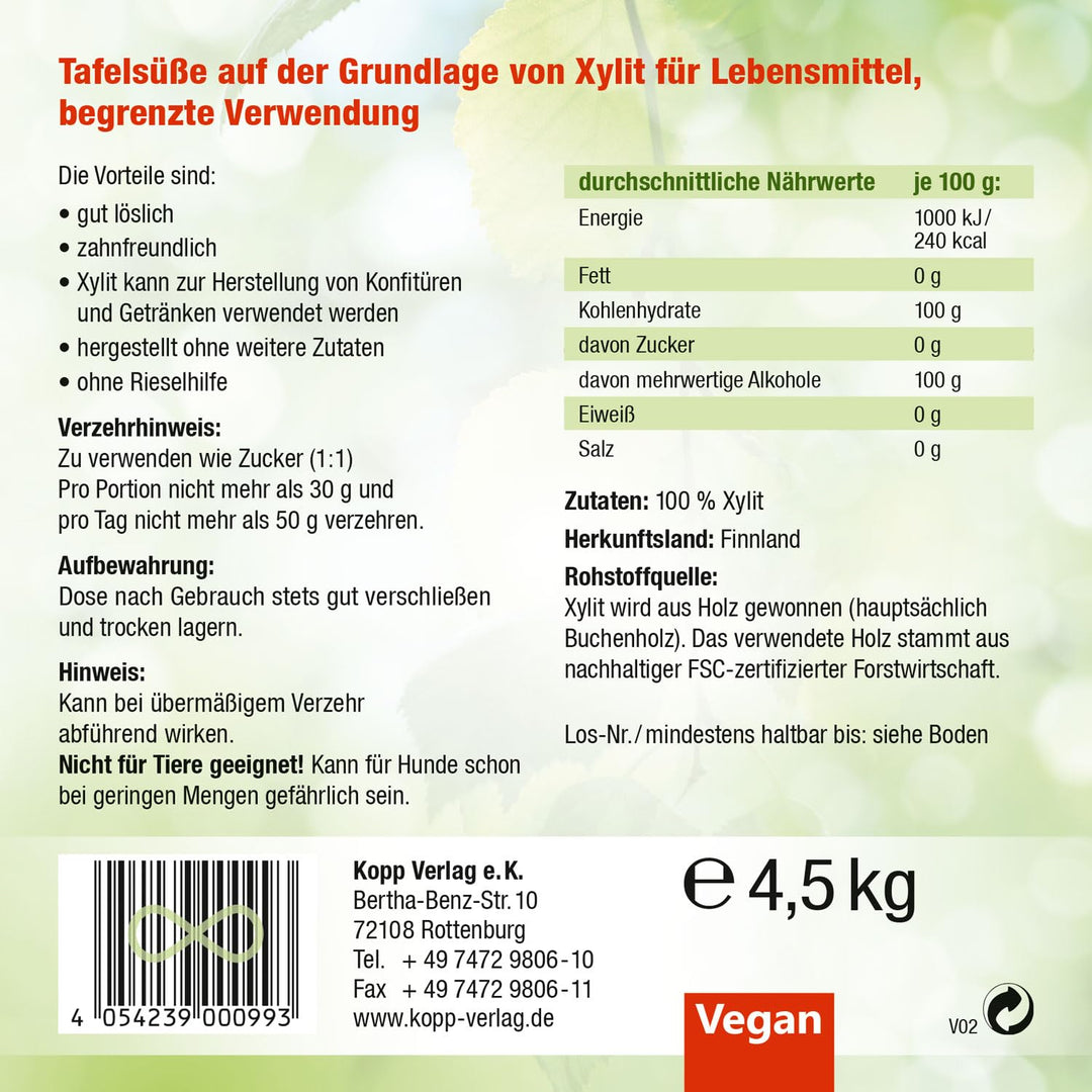 KOPP Vital® Xylit Birkenzucker Premium | 4,5kg | aus Finnland | Tafelsüsse auf der Grundlage von Xyl
