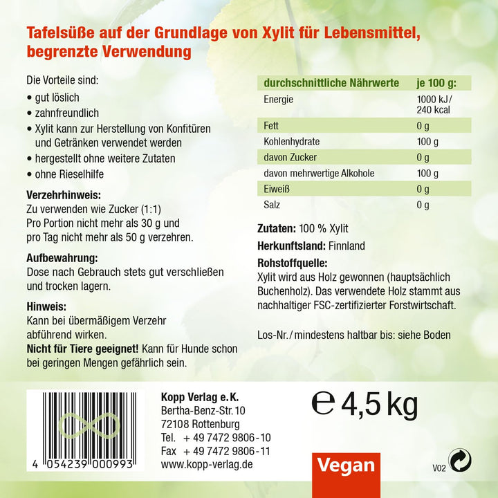 KOPP Vital® Xylit Birkenzucker Premium | 4,5kg | aus Finnland | Tafelsüsse auf der Grundlage von Xyl
