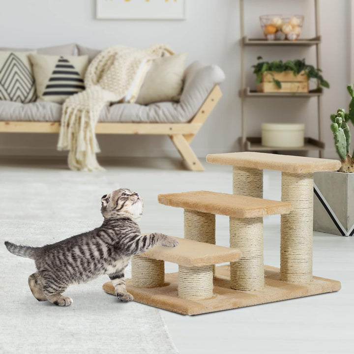 PawHut Tiertreppe Katzentreppe Hundetreppe 3 Stufen Treppe für Katze und Hunde Plüsch Creme 45 x 35