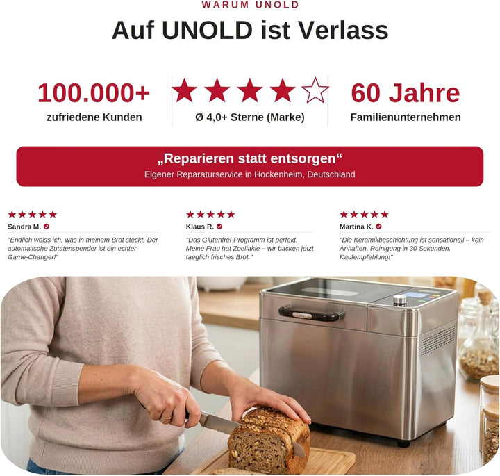UNOLD Brotbackautomat BackProfi 68476 – Brotbackmaschine mit Nussspender, 18 Programme, Touchscreen,