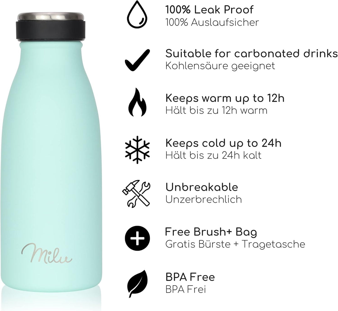 Milu Edelstahl Trinkflasche 350ml, 500ml, 750ml, 1L, 1,5L – Thermosflasche für Kinder Erwachsene aus
