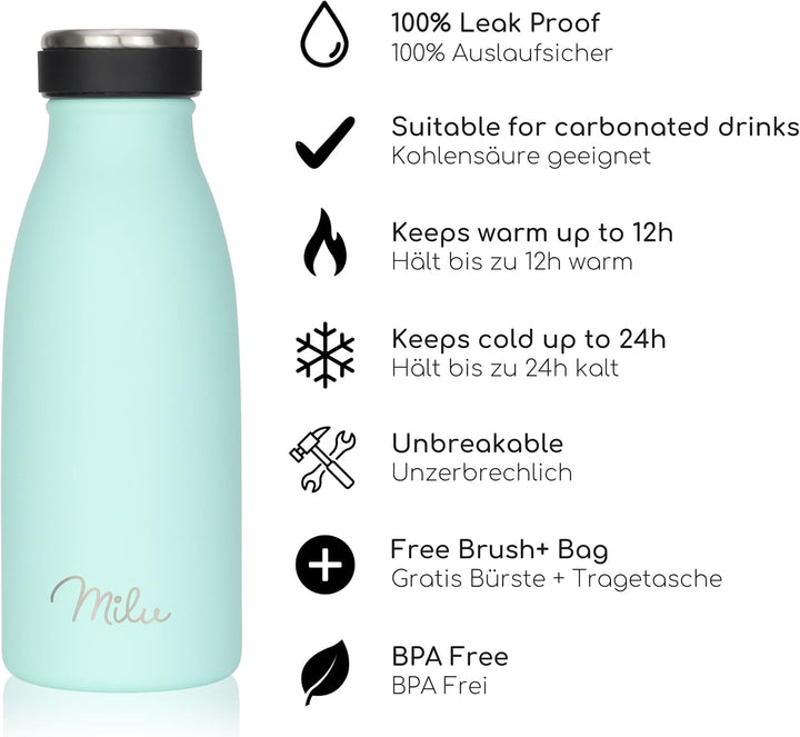 Milu Edelstahl Trinkflasche 350ml, 500ml, 750ml, 1L, 1,5L – Thermosflasche für Kinder Erwachsene aus