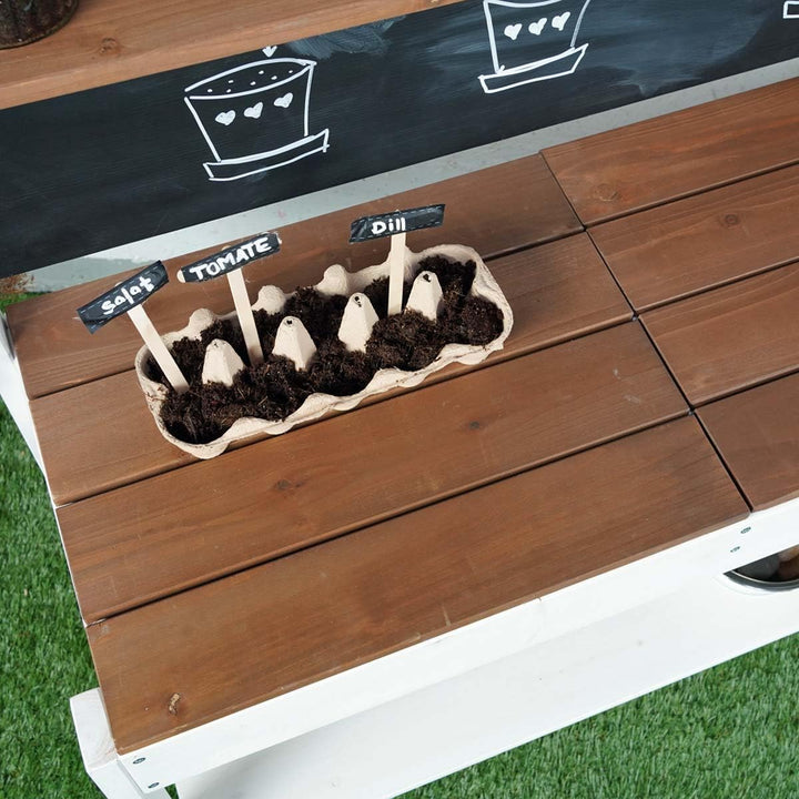 Meppi Matschküche Kleiner Gärtner aus Holz - Outdoorküche für Kinder mit Matschwannen - Pflanztisch
