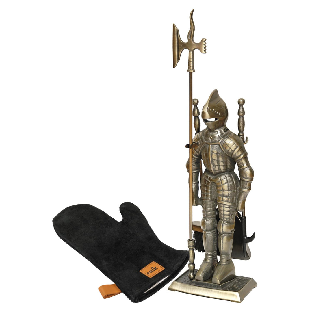 raik Kaminbesteck Set Ritter Kunibert 4-teilig inkl. Rindsleder Ofenhandschuh schwarz Kamingarnitur