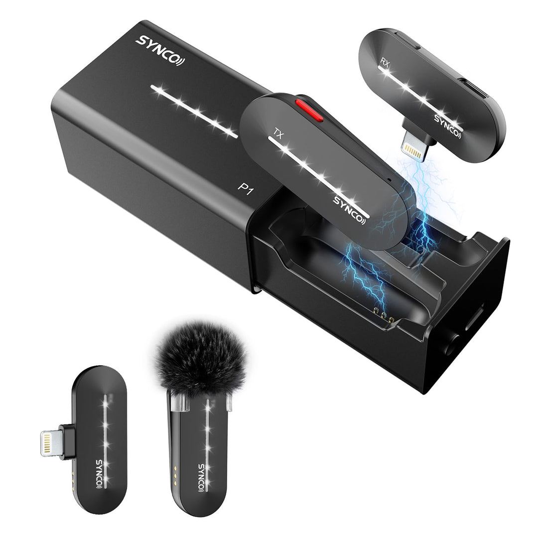 SYNCO Kabelloses Lavalier Mikrofon für iPhone, P1SL 2.4GHz Mikrofone Handy für iPad mit Ladekoffer 【
