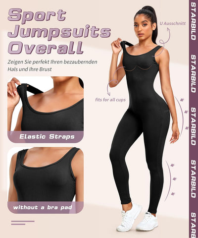 STARBILD Damen Yoga Jumpsuit Ärmellos Rückenfrei Eng Anliegender, Fitness Overall für Gym Workout, K