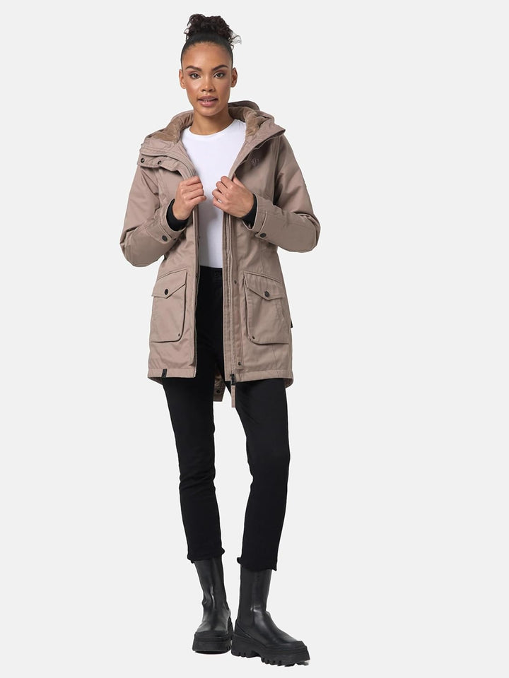 Navahoo Damen Übergangsjacke Warmer Kurzmantel Regenjacke mit Kapuze Brinjaa XS-XXL S Taupe Grey, S