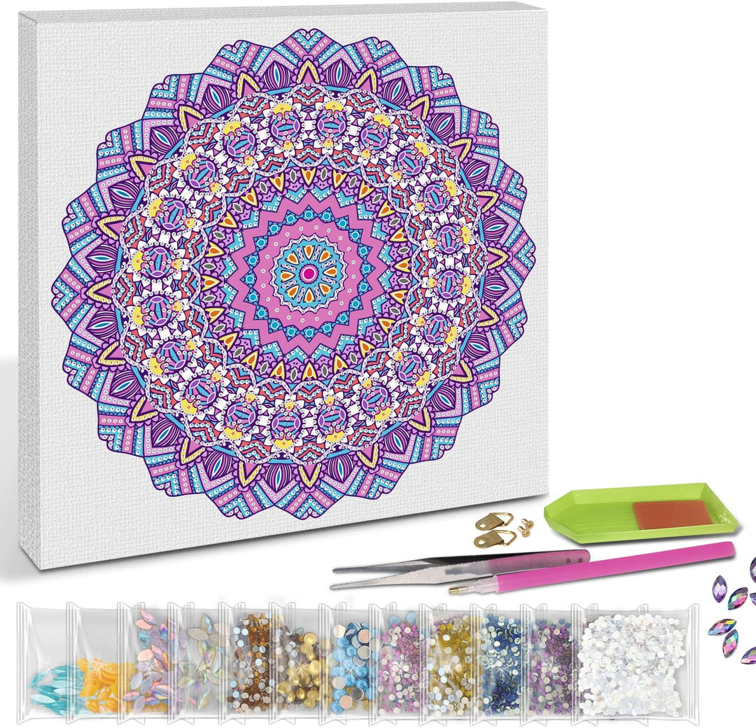Ursus 43520008F - Diamond Painting Mandala Set 8, Bastelset mit Steinchen in Lila-, Pink- und Blautö