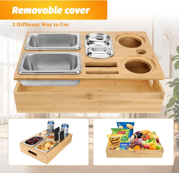 Sprifityy Couchbar Snackbox, Sofa Tablett, Mit Snackschalen Aus Edelstahl,mit Abnehmbarer Deckel, Sn