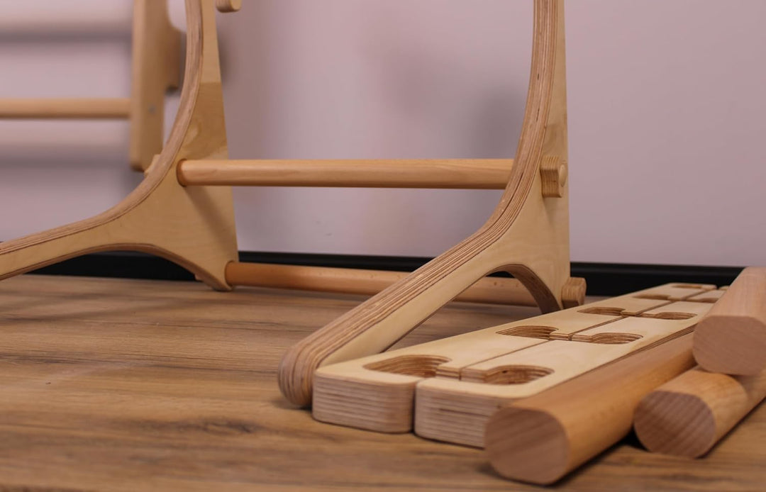 Komplettes Set aus robusten Trainingsgeräten aus Holz: stabile Dip-Stange und Klimmzugstange – 5-stu