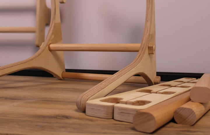 Komplettes Set aus robusten Trainingsgeräten aus Holz: stabile Dip-Stange und Klimmzugstange – 5-stu