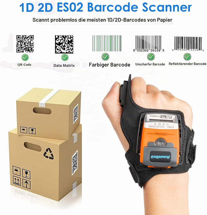 ES02 Handschuh-Barcodescanner, Wireless Bluetooth 2D Scanner | Schutzart IP65, Für Lager, Fertigung,