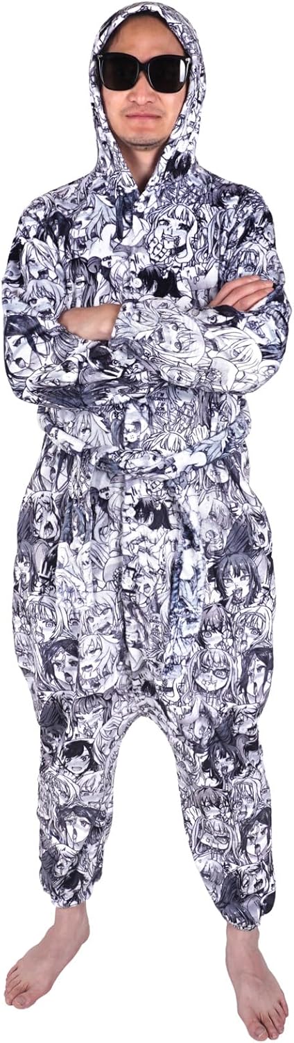 CoolChange Ahegao Kigurumi mit Manga Gesichtern I Anime Pyjama mit Taschen und Kapuze | Grösse: S-XL