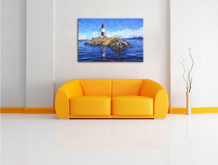 Pixxprint Leuchtturm mit Robben als Leinwandbild/Grösse: 100x70 cm/Wandbild/Kunstdruck/fertig bespan